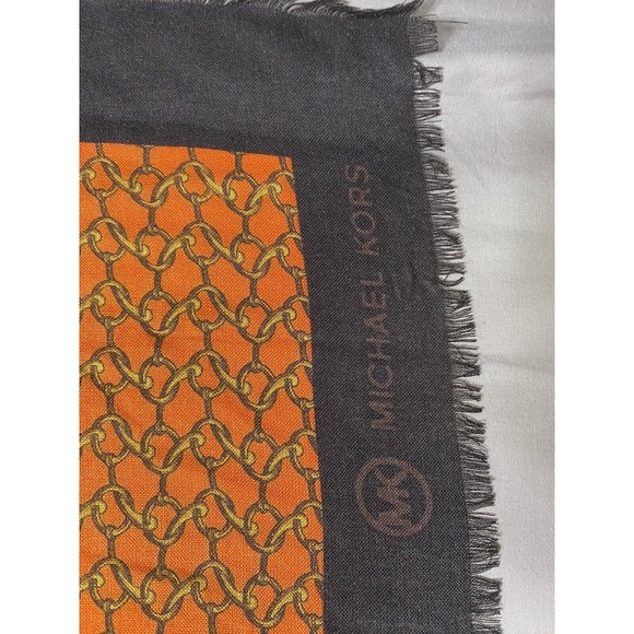 VTG Michael Kors Scarf Shawl Wrap Pashmina Orange Brown Gold Chain Link Pattern - Picture 6 of 6
